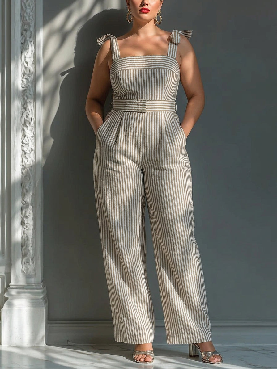 Gwendolyn - Beige Randig Linneblandning Axelbands Jumpsuit