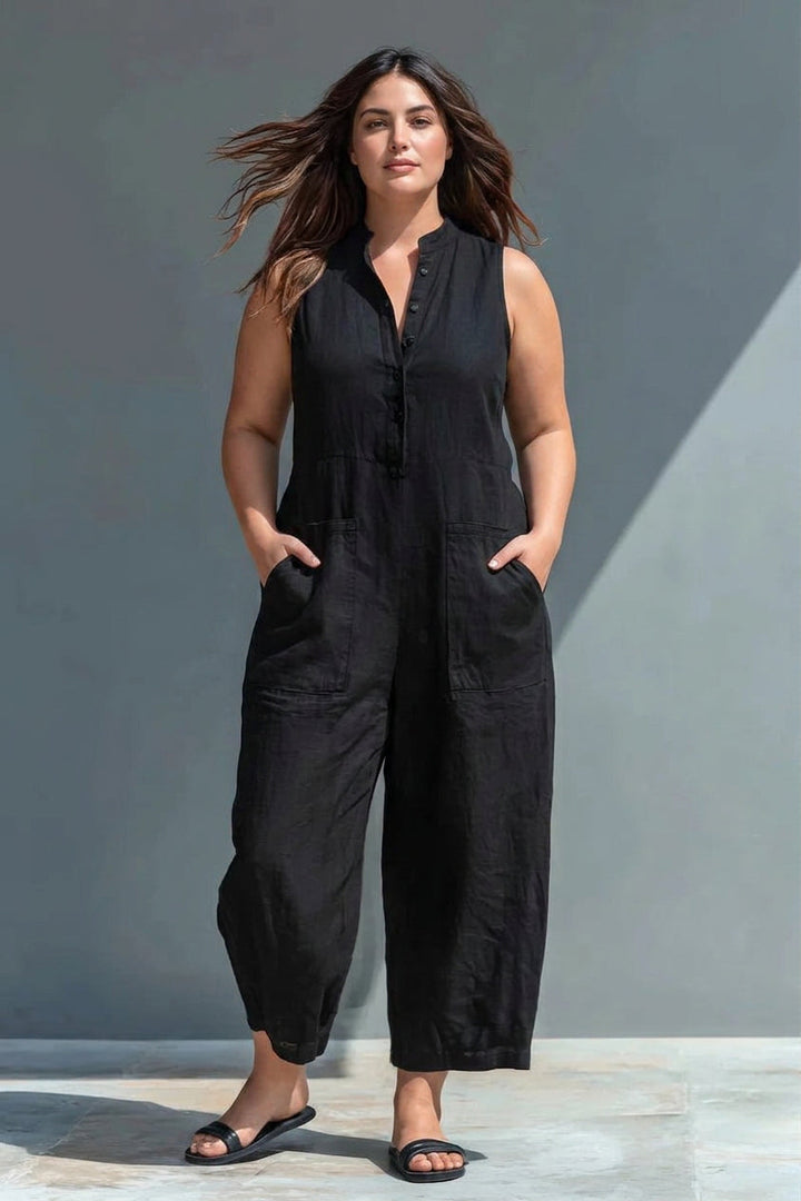 Signy - Svart Linneblandning Krage Jumpsuit