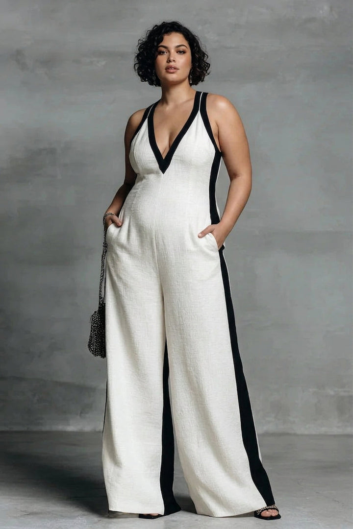 Hana - Svart &amp; Vit Kontrast Rand Jumpsuit