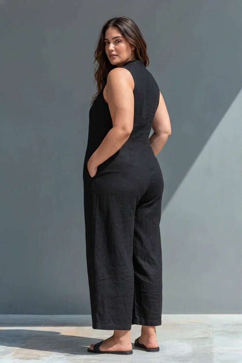 Signy - Svart Linneblandning Krage Jumpsuit