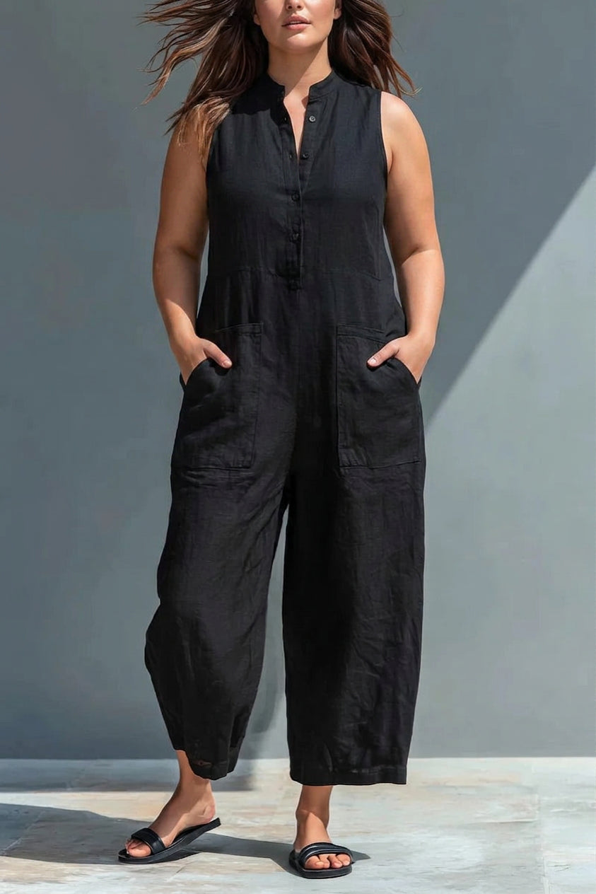 Signy - Svart Linneblandning Krage Jumpsuit