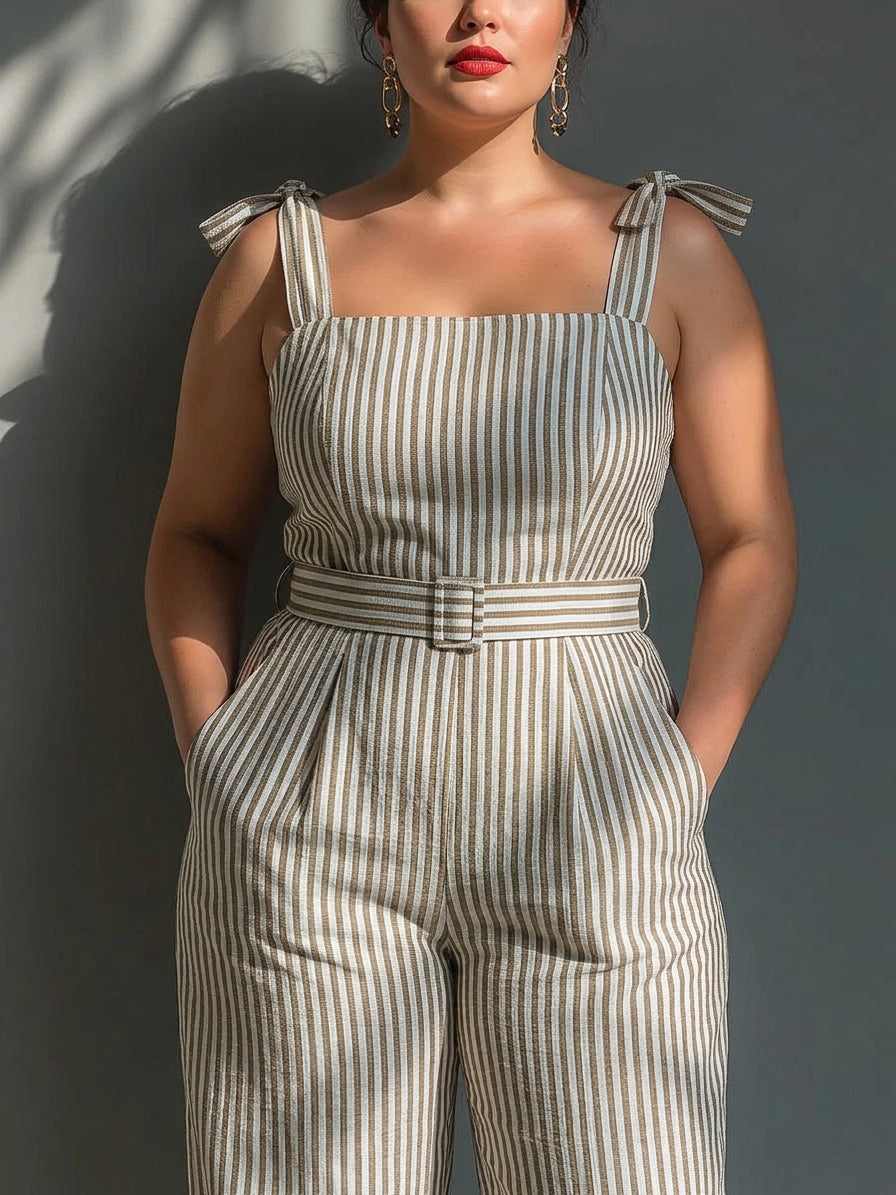 Gwendolyn - Beige Randig Linneblandning Axelbands Jumpsuit