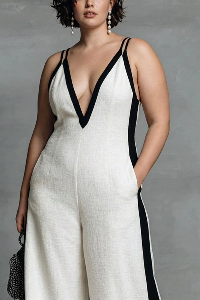 Hana - Svart &amp; Vit Kontrast Rand Jumpsuit