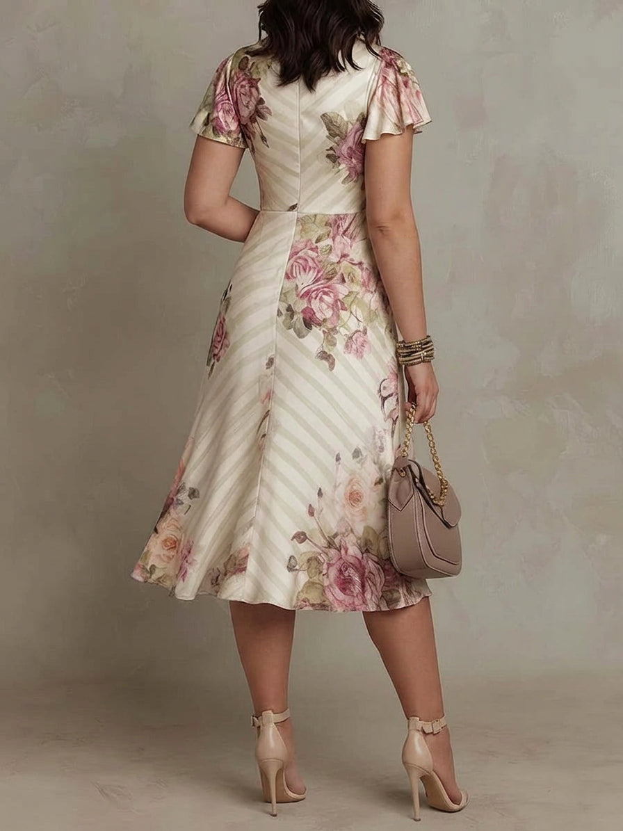Thea | Vintage Floral Satin Midi Klänning
