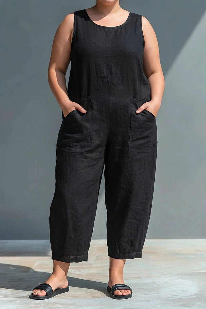 Signy - Svart Linneblandning Krage Jumpsuit