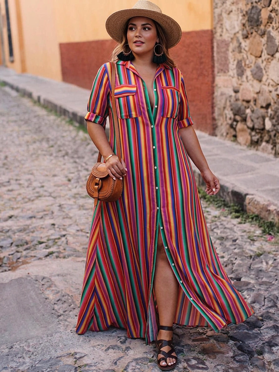 Lark | Sommaravslappnad Randig Tryckt Skirt Maxi Kjol
