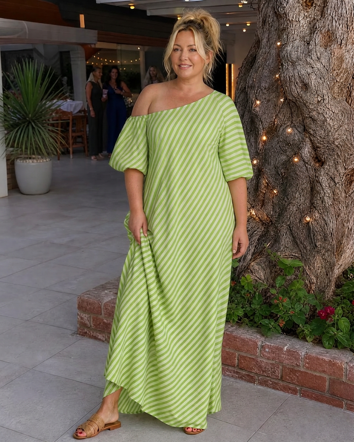 Seraphina | Randig Off Shoulder Puffärmad Midiklänning