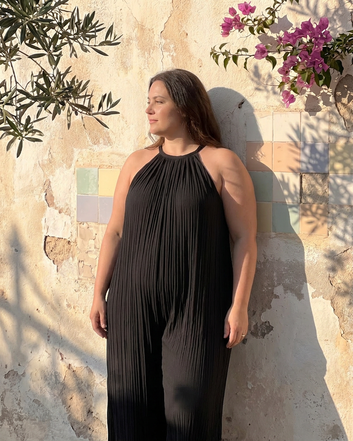 Wanda | Plisserad Halterneck Vid Ben Avslappnad Jumpsuit