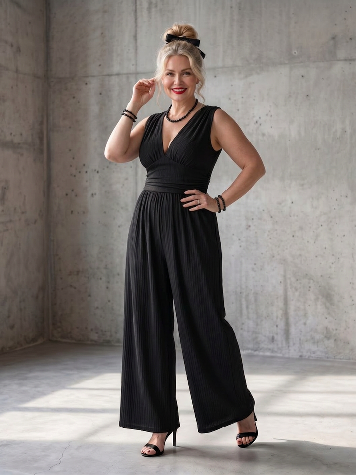Tegan | Djup V-midja Definierad Vida Byxor Jumpsuit