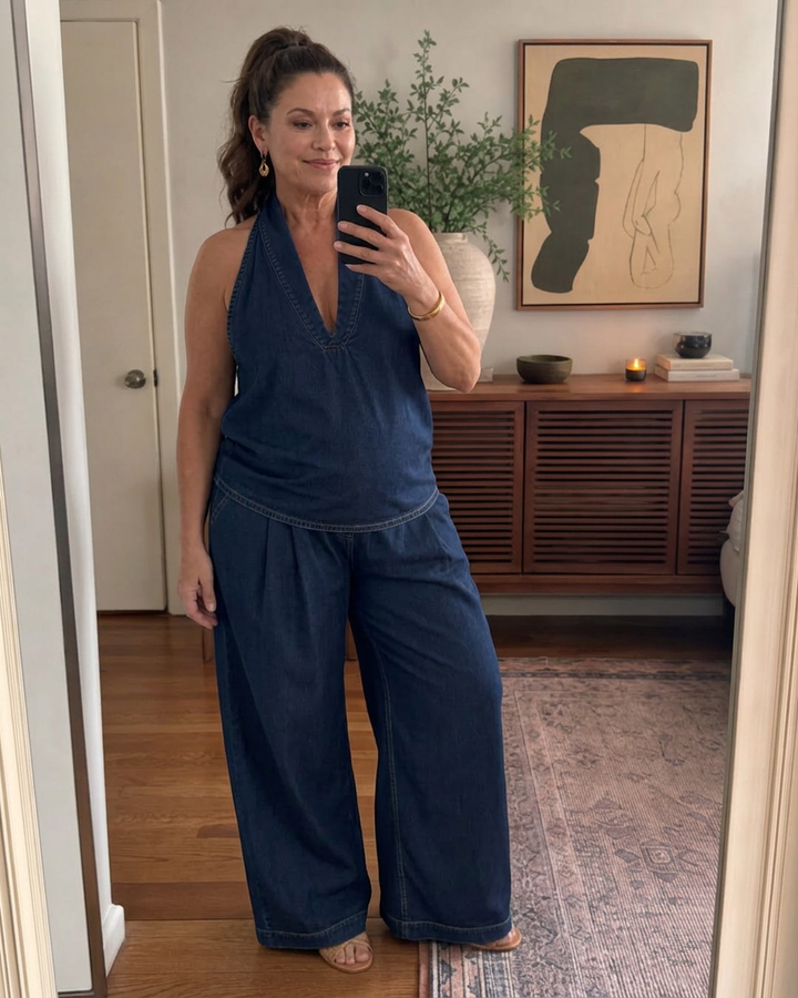 Opaline | Halterneck Denim Top och Vida Byxor Set