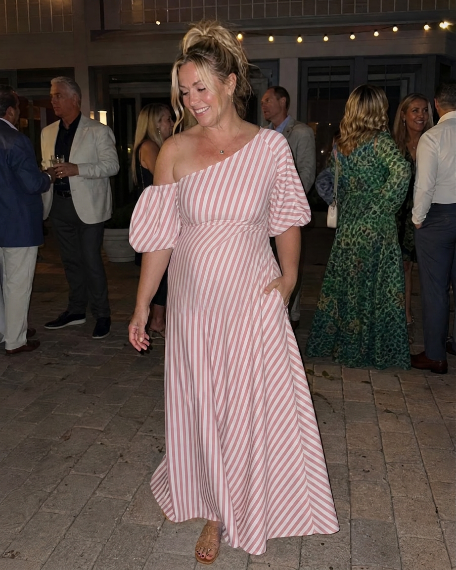 Seraphina | Randig Off Shoulder Puffärmad Midiklänning