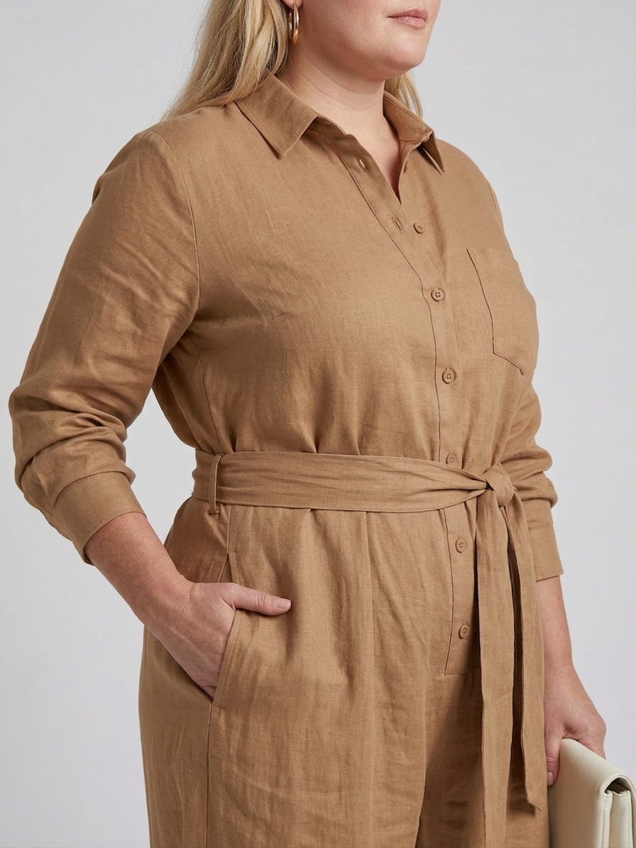 Bonnie | Långärmad knäppning fram bred ben jumpsuit