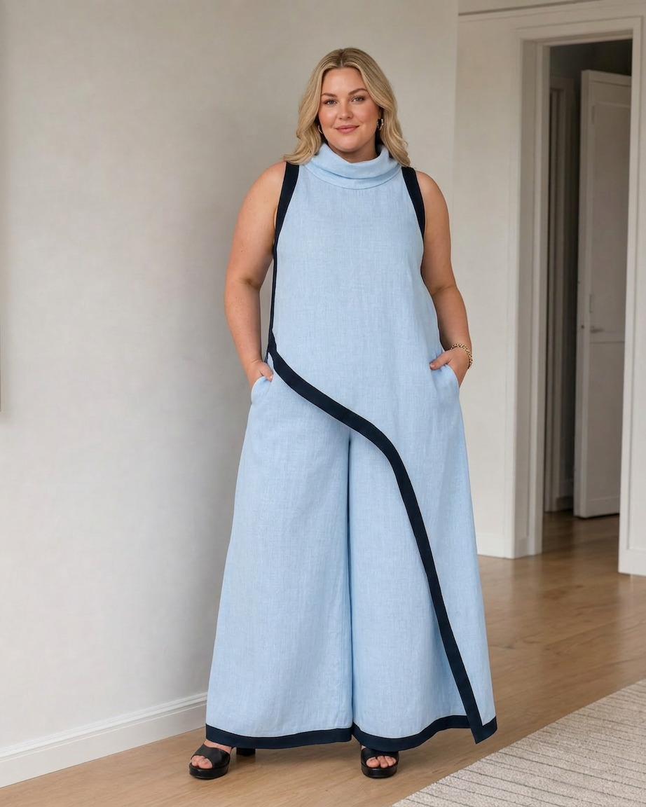 Genevieve | Kontrastkantad ärmlös lager-top och vida byxor set