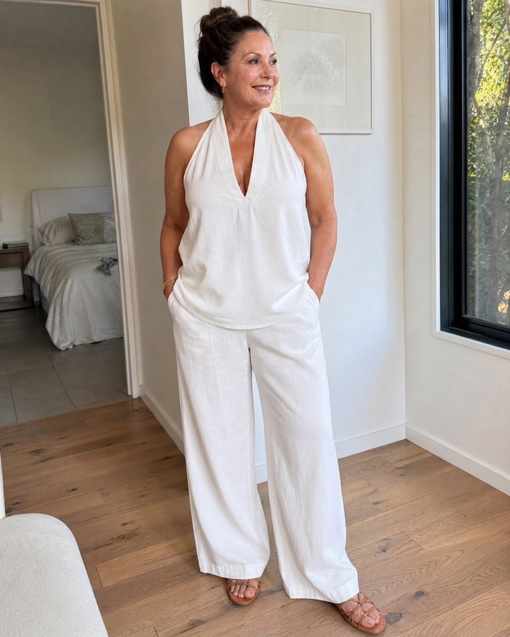Opaline | Halterneck Denim Top och Vida Byxor Set