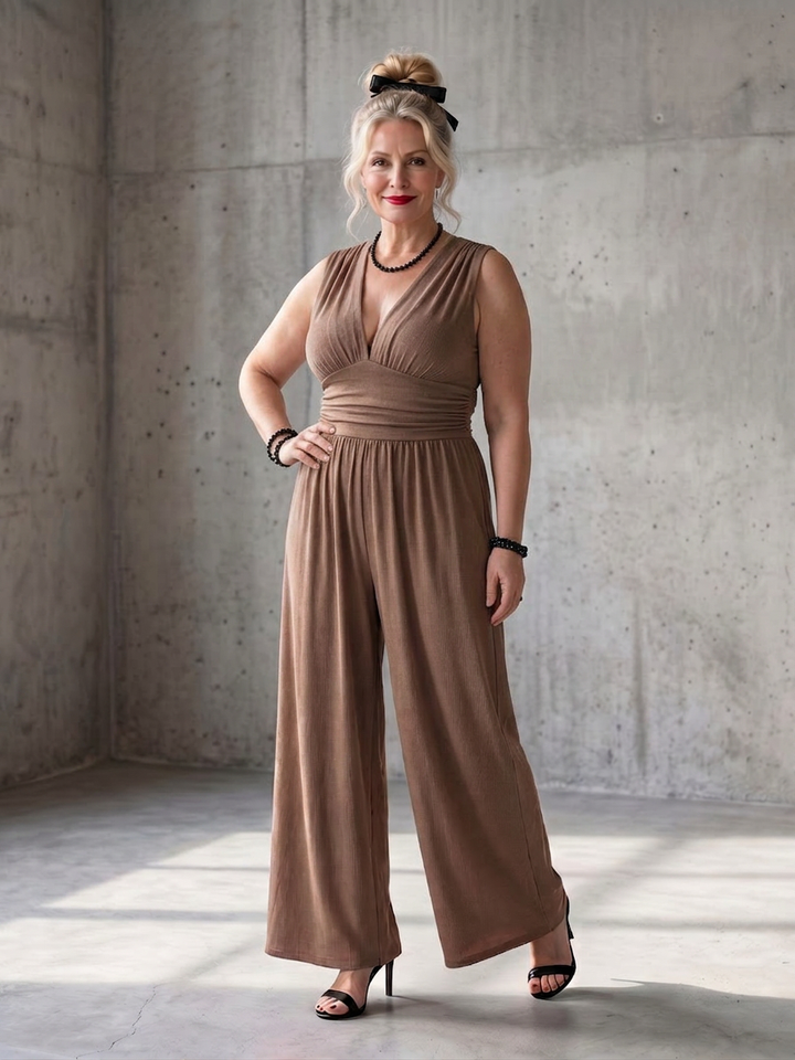 Tegan | Djup V-midja Definierad Vida Byxor Jumpsuit