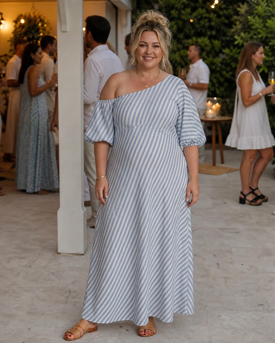Seraphina | Randig Off Shoulder Puffärmad Midiklänning