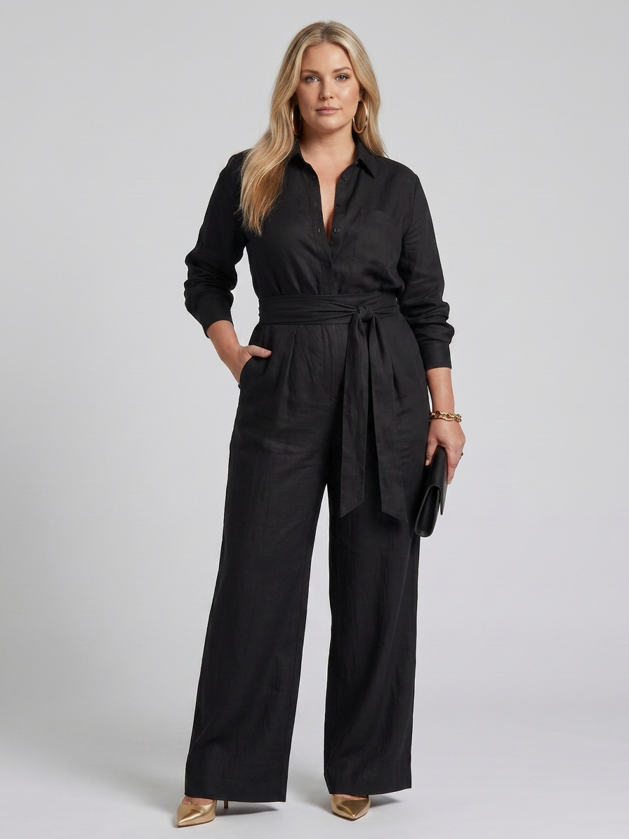 Bonnie | Långärmad knäppning fram bred ben jumpsuit