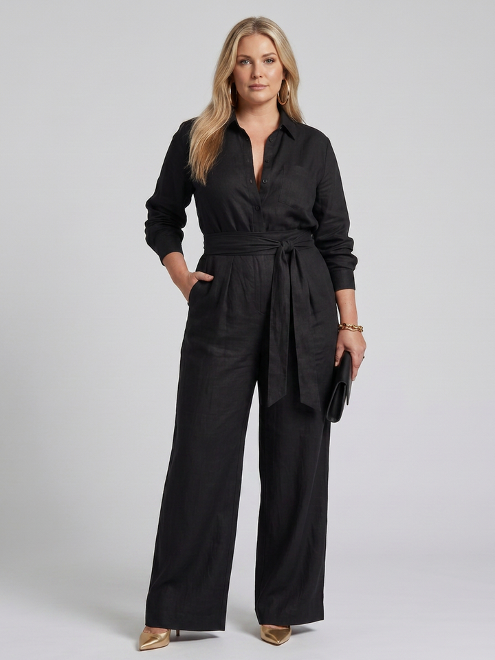 Bonnie | Långärmad knäppning fram bred ben jumpsuit