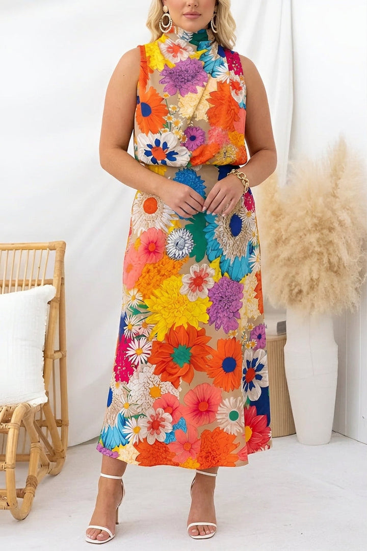 Sommar | Ärmlös Tie Neck Midje Blommig Maxi Klänning