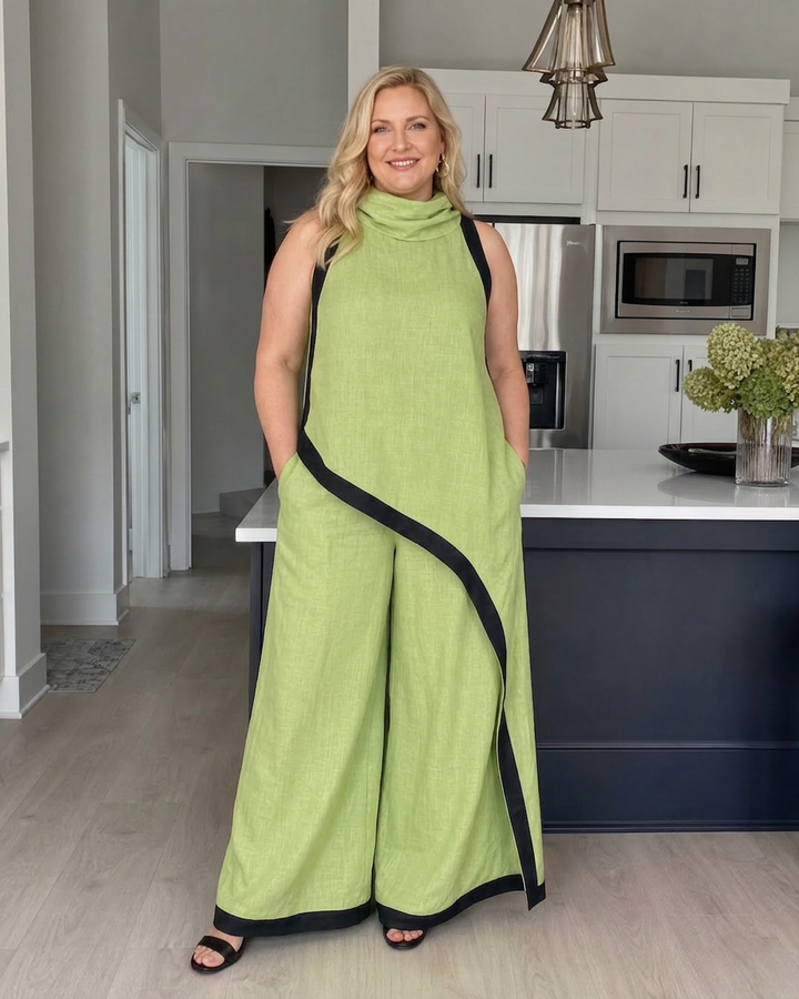Genevieve | Kontrastkantad ärmlös lager-top och vida byxor set