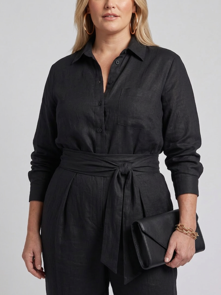 Bonnie | Långärmad knäppning fram bred ben jumpsuit