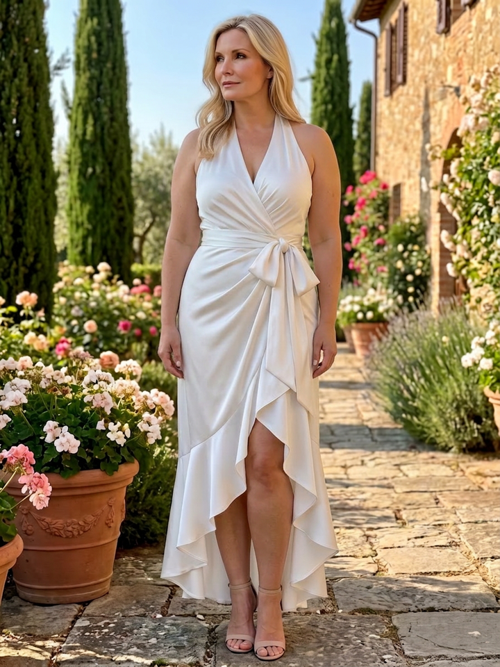 Amina | Halterneck Wrap Asymmetrisk Midiklänning