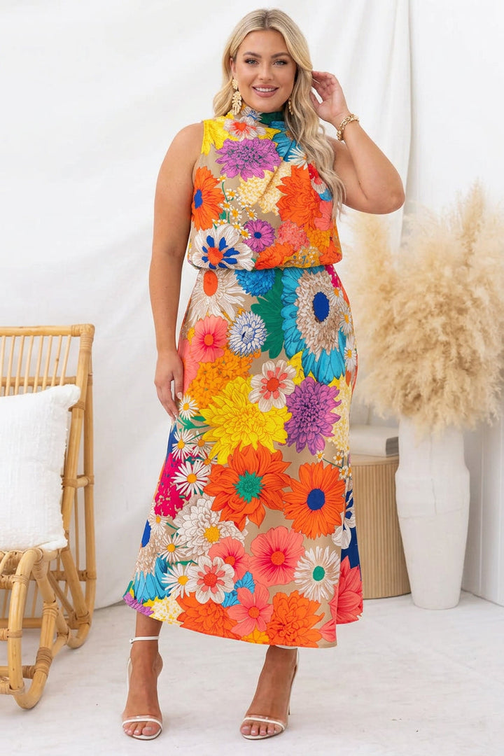 Sommar | Ärmlös Tie Neck Midje Blommig Maxi Klänning
