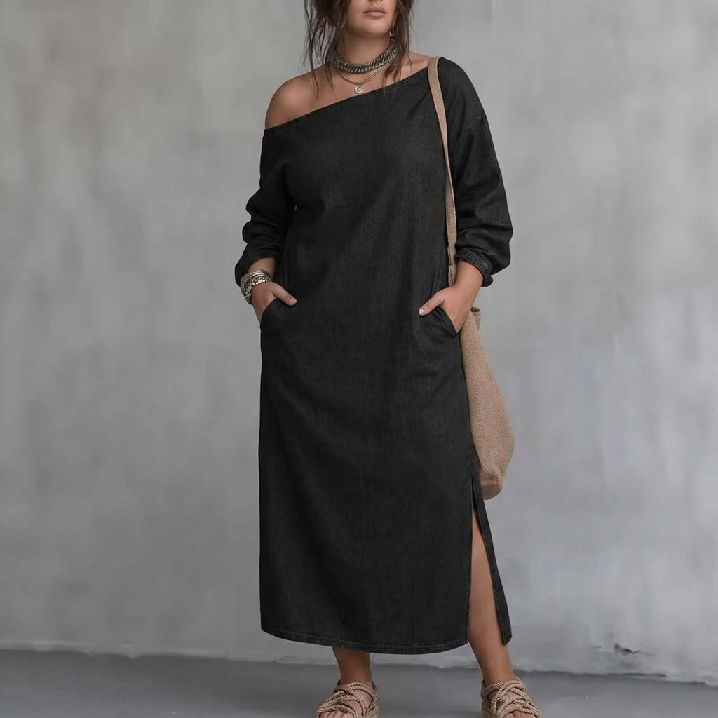 Kaia Off-Shoulder Slit Dress: Modern Minimalistisk Elegans