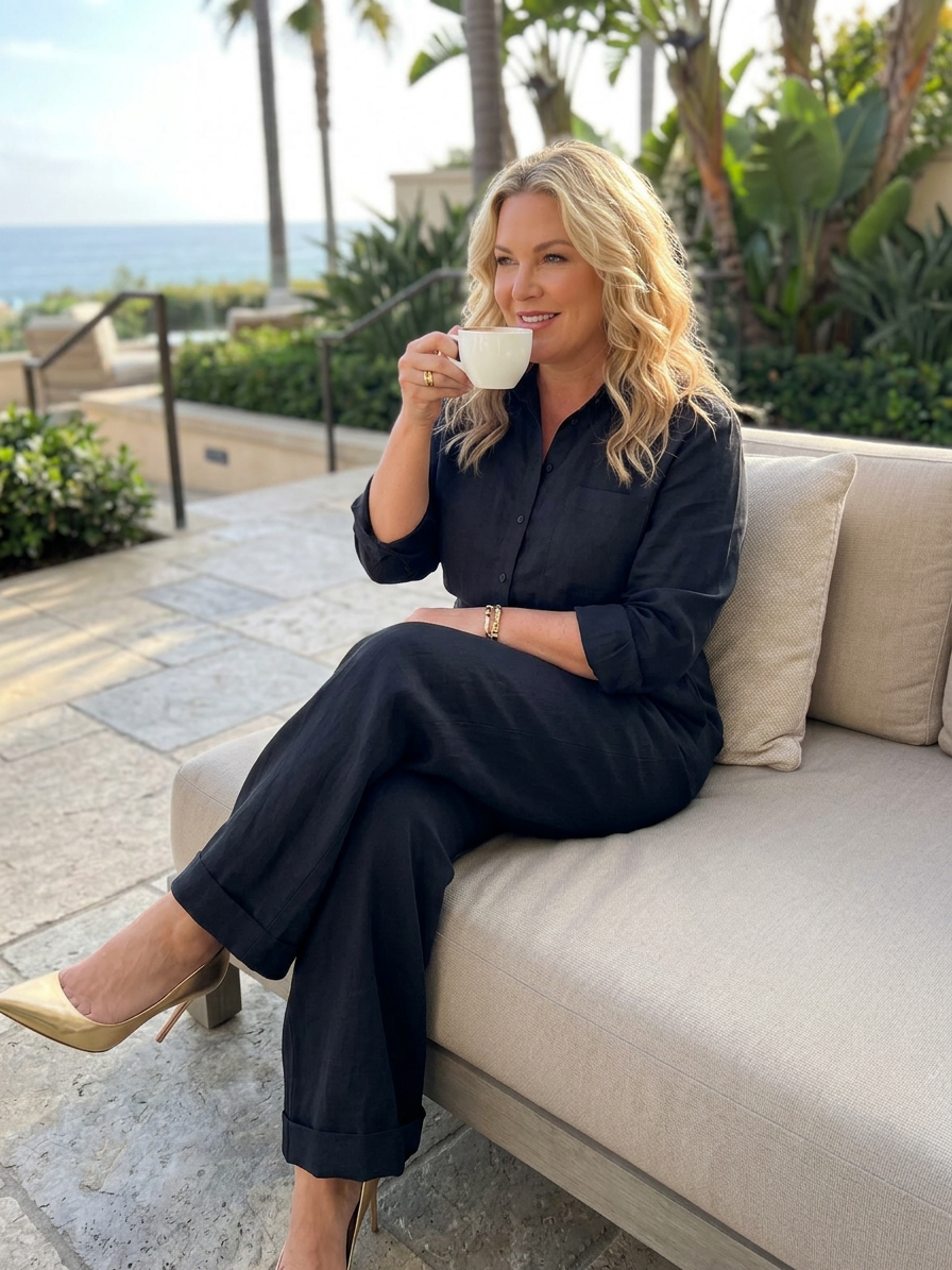 Bonnie | Långärmad knäppning fram bred ben jumpsuit