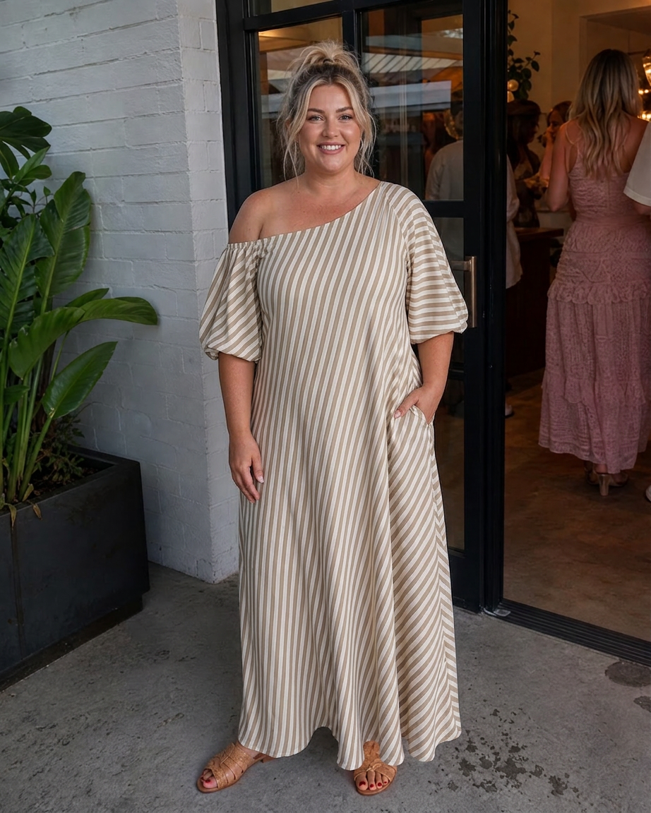 Seraphina | Randig Off Shoulder Puffärmad Midiklänning