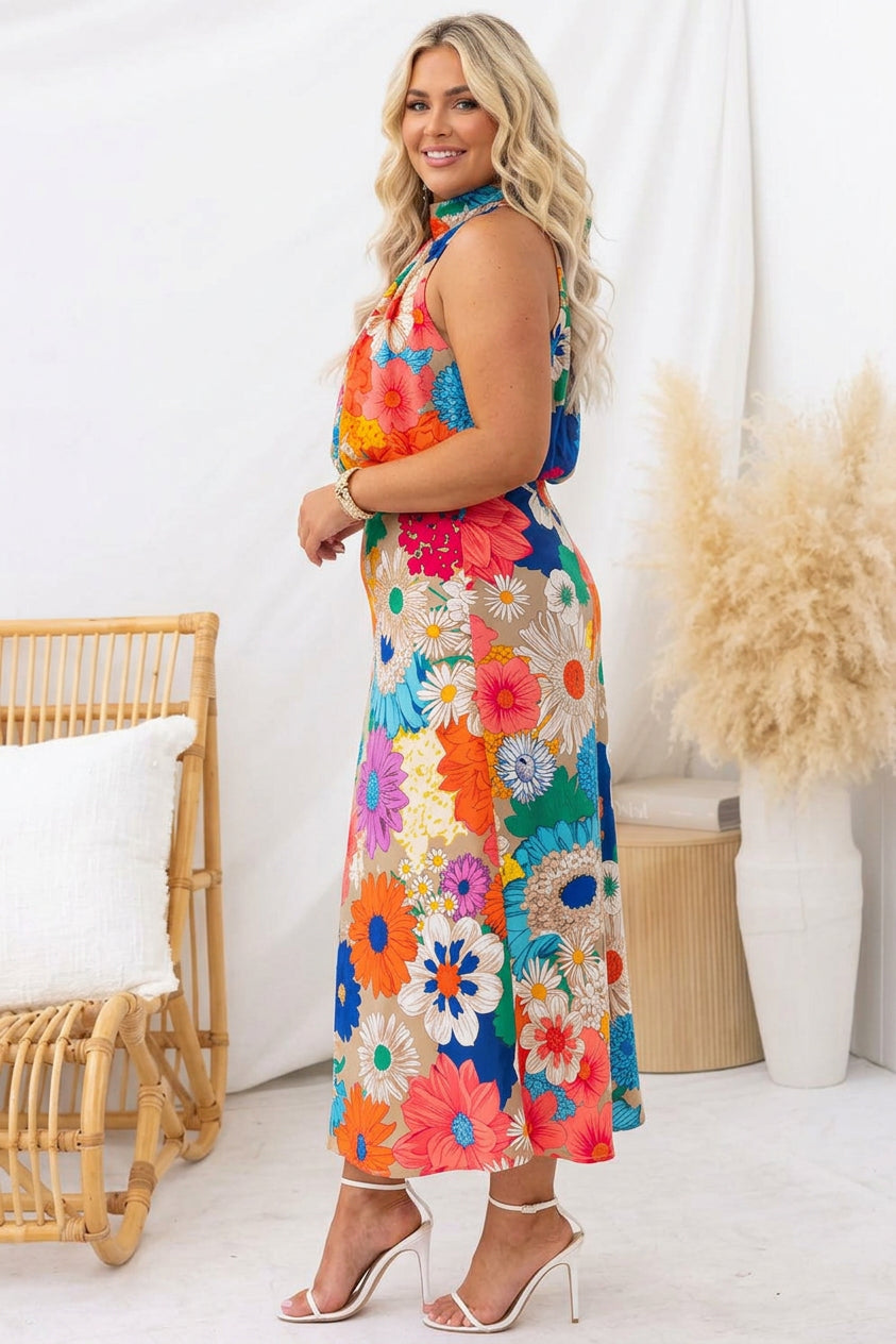 Sommar | Ärmlös Tie Neck Midje Blommig Maxi Klänning