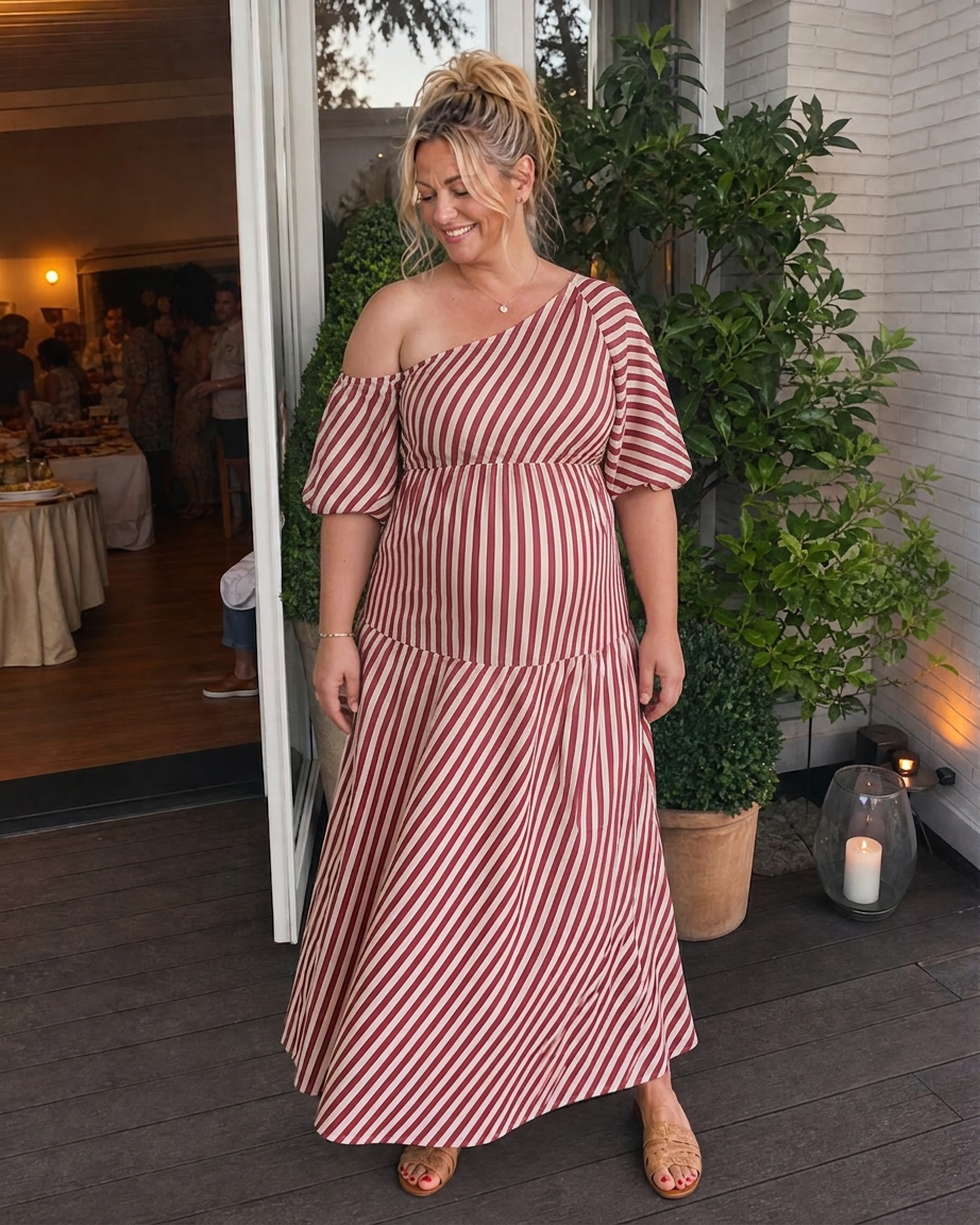 Seraphina | Randig Off Shoulder Puffärmad Midiklänning