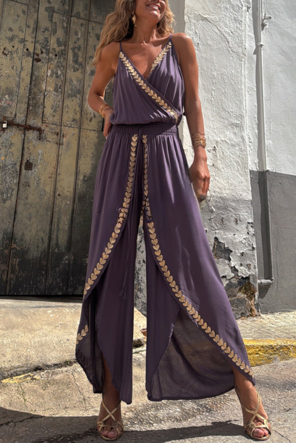 Irina - Tamia Guld Trim Elastisk Midja Slits Vid Ben Slip Jumpsuit