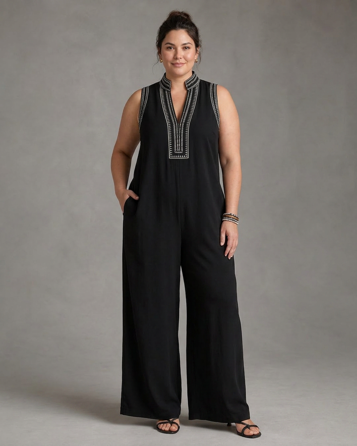 Wilhelmina | Broderad V-ringad ärmlös jumpsuit med vida ben