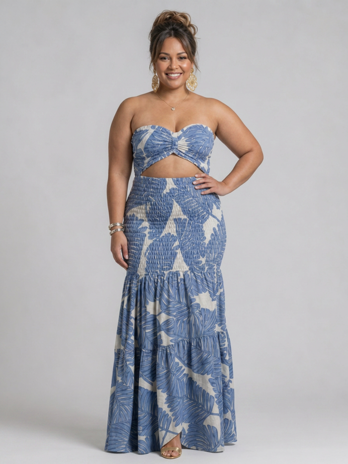 Edith | Off-shoulder Tvådelad Tryckt Maxi Klänning Set