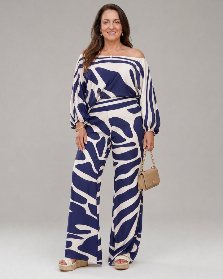 Calliope | Abstrakt Tryck Off Shoulder Top och Vida Byxor Set