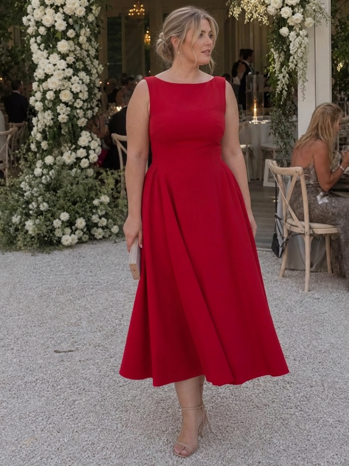 Isadora | Ärmless Crew Neck Fitted Bodice Midi Klänning