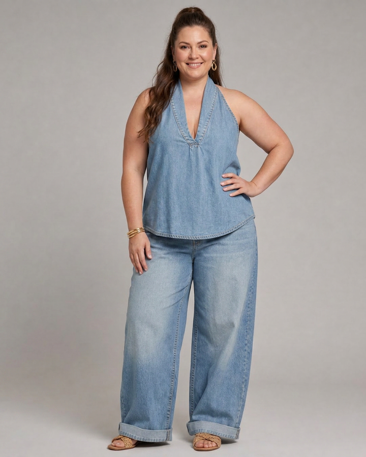 Opaline | Halterneck Denim Top och Vida Byxor Set