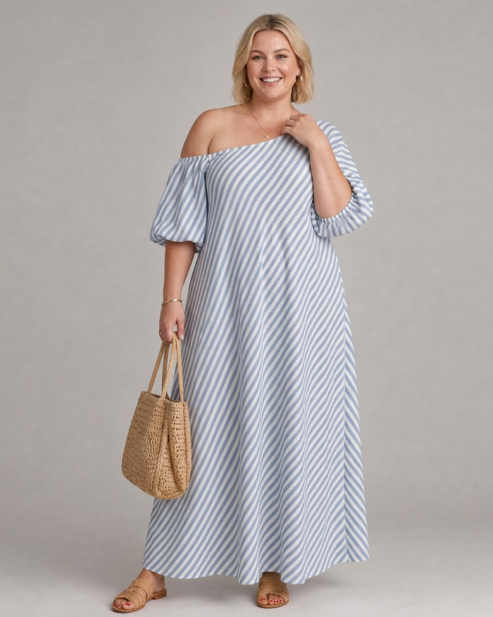 Seraphina | Randig Off Shoulder Puffärmad Midiklänning