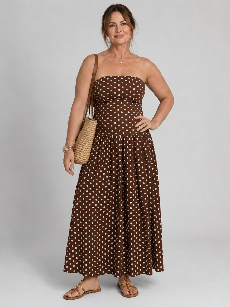 Olwen | Strapless Polka Dot Pattern Midi Klänning