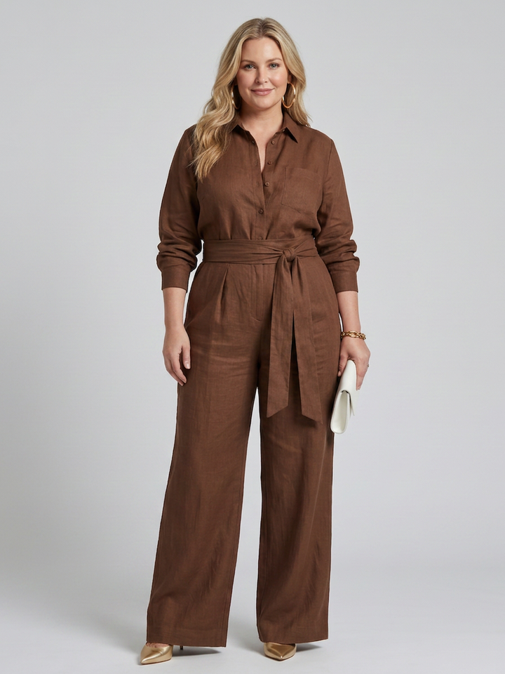 Bonnie | Långärmad knäppning fram bred ben jumpsuit