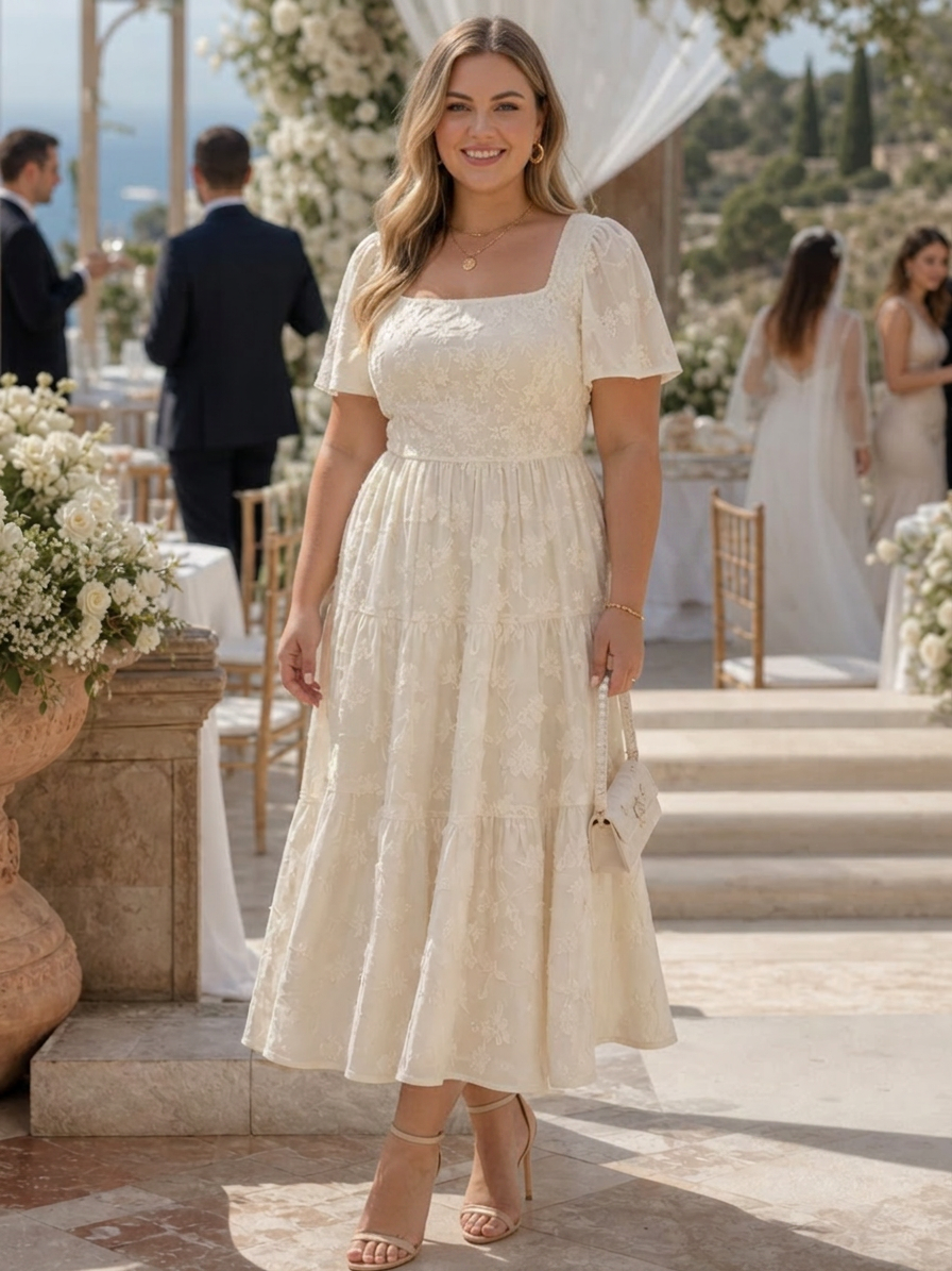 Belen | Kortärmad klänning med texturerad blommig detalj i midi-längd