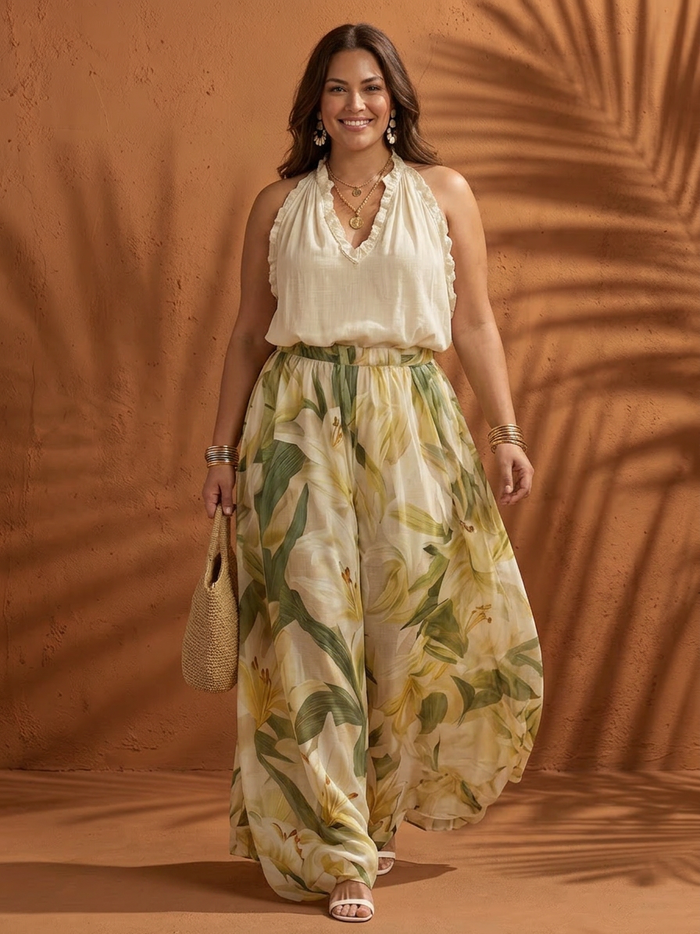 Ila | Halterneck Blus Blommig Vida Byxor Set