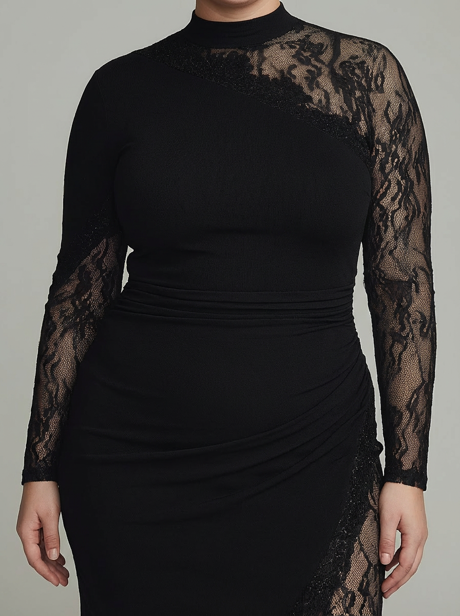 Elspeth | Svart Turtleneck Spets Asymmetrisk Tyll Långärmad Miniklänning