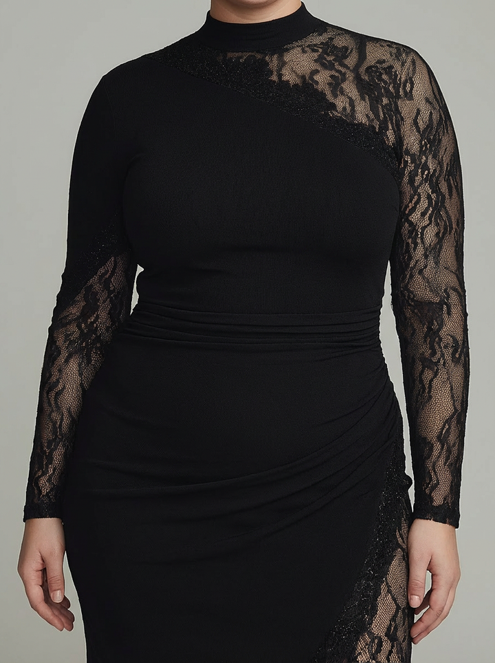 Elspeth | Svart Turtleneck Spets Asymmetrisk Tyll Långärmad Miniklänning