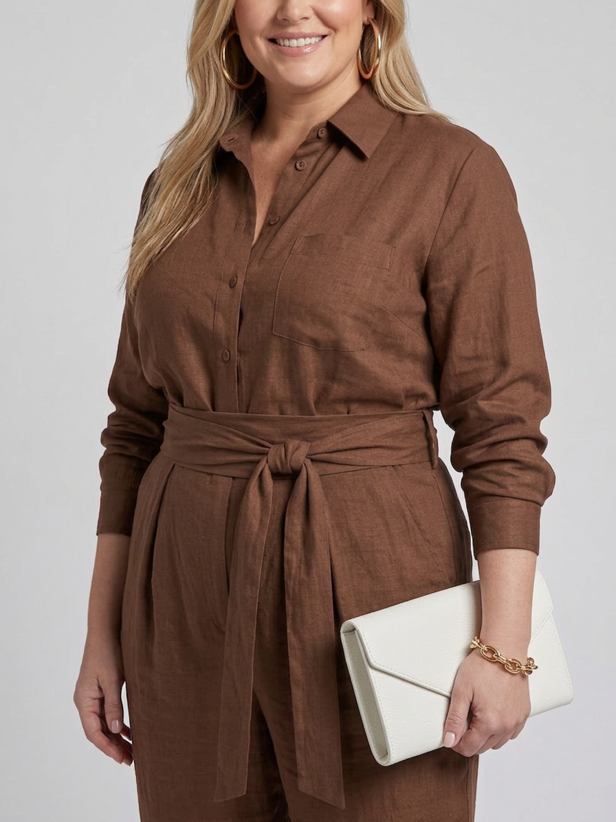 Bonnie | Långärmad knäppning fram bred ben jumpsuit