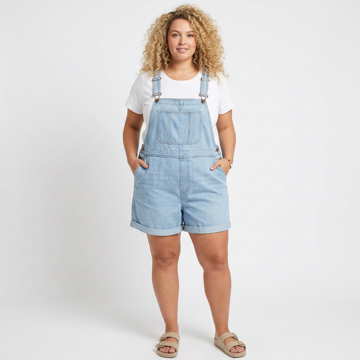 Romaine | Vintage Tvättad Mjuk Bomullskänsla Denim Kort Overall Ljusblå