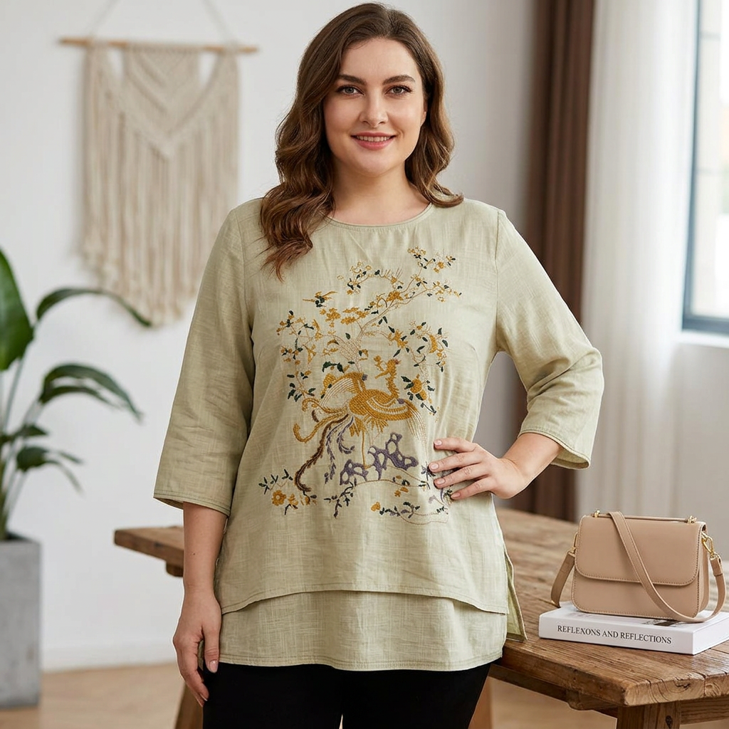 Anwen - Ren Bomull Broderad Bekväm Topp
