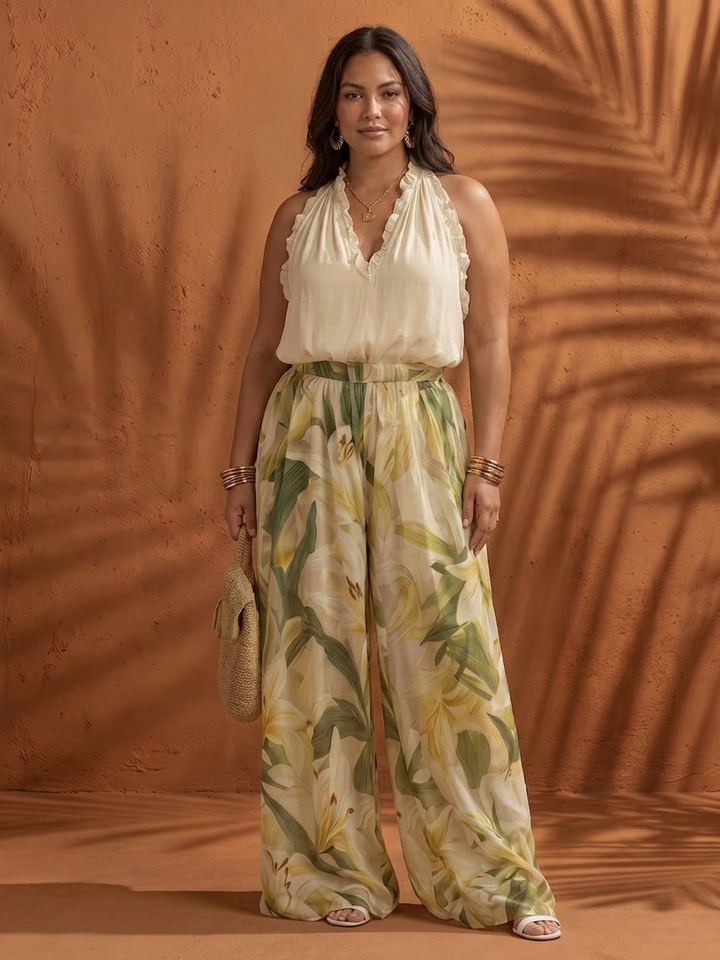Ila | Halterneck Blus Blommig Vida Byxor Set