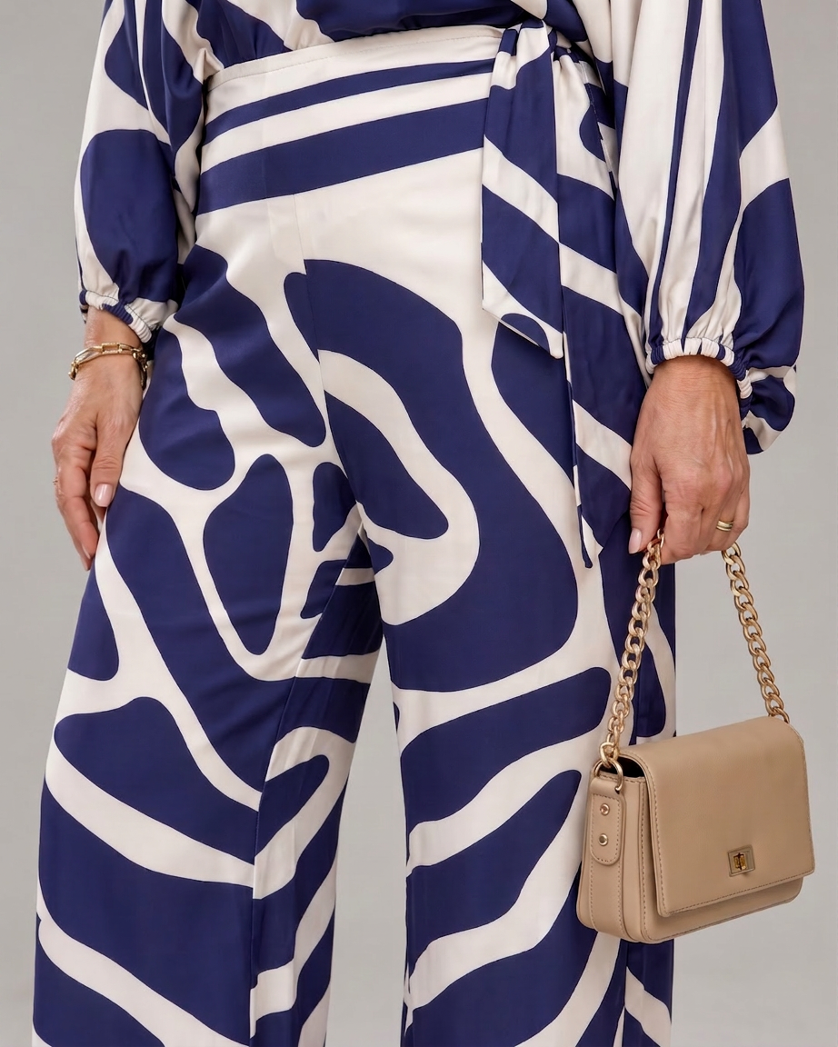 Calliope | Abstrakt Tryck Off Shoulder Top och Vida Byxor Set
